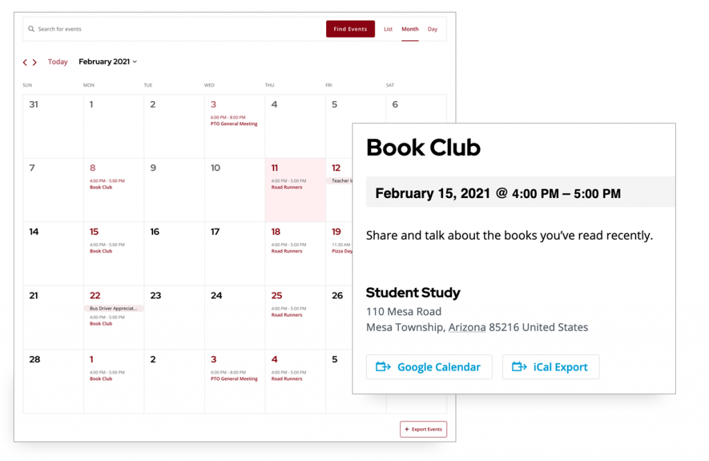 Example of PTO website events to your calendar