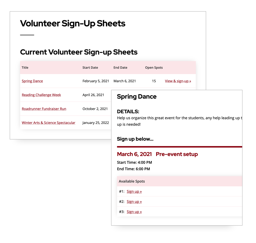 Screenshot of Volunteer page and signups